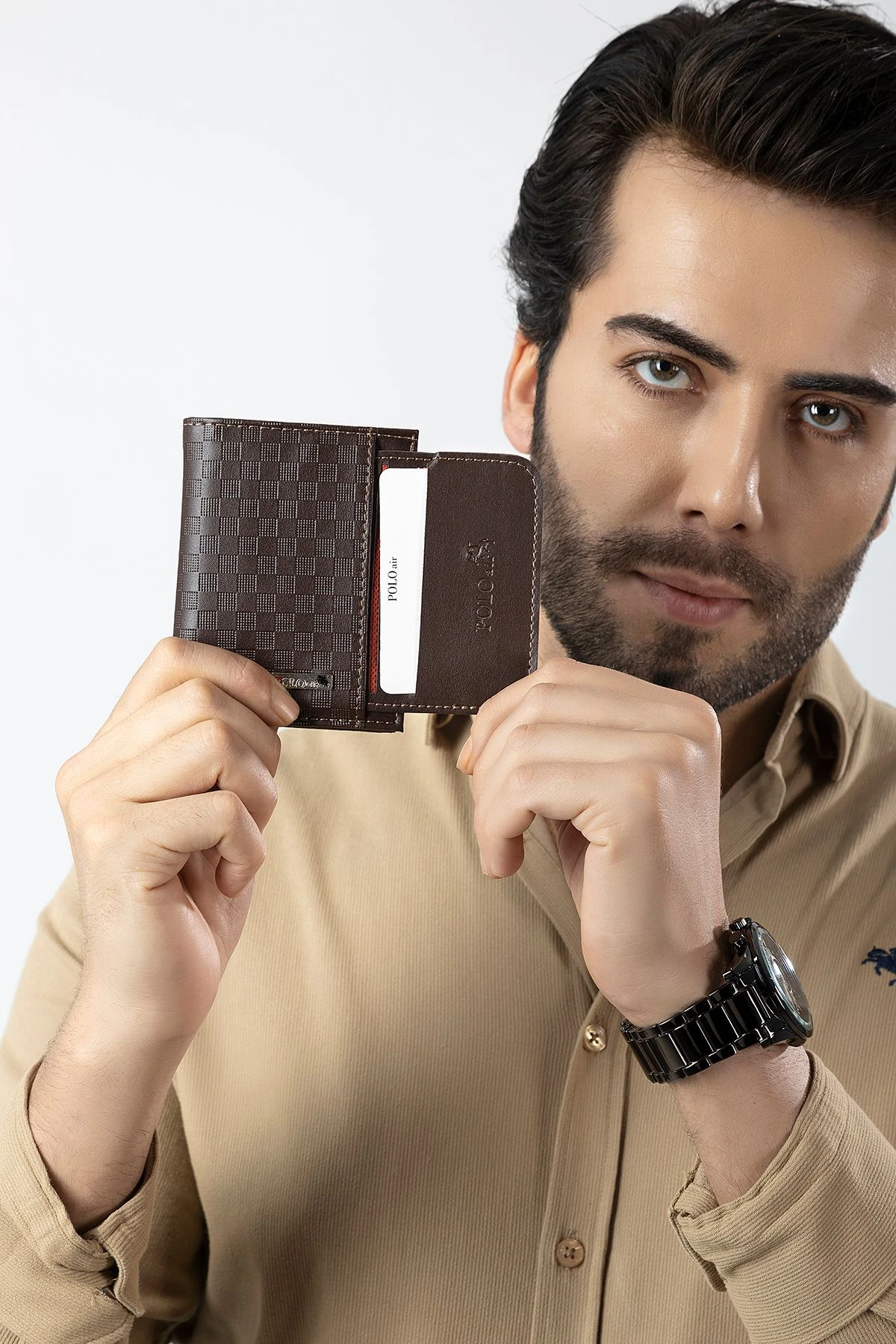 Erkek Kol Saati Dama Desen Cüzdan Kemer Kartlık Parfüm Kombin Set Gümüş Kahverengi Renk Pl-0992E3 Kahverengi-Gümüş-Gri Pl-0992E3