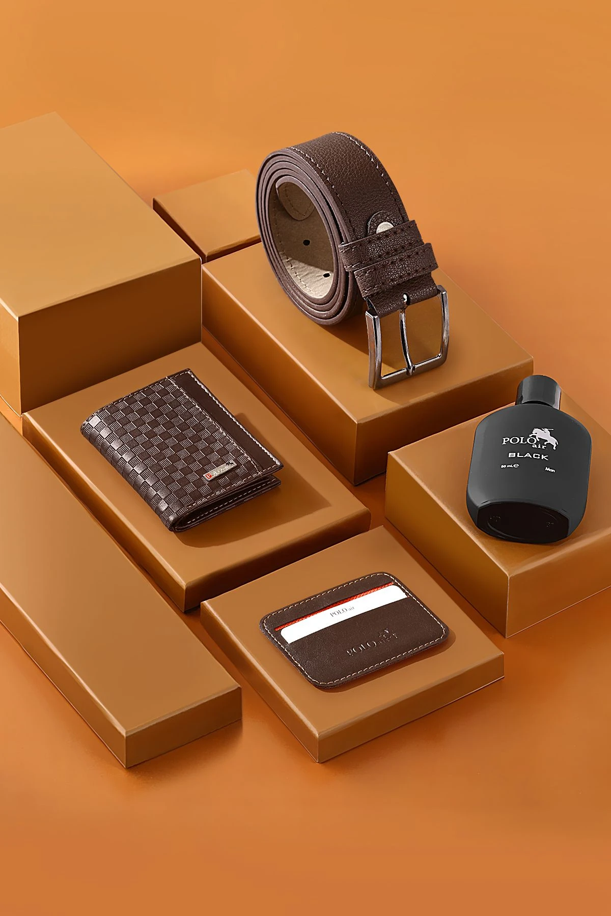 Erkek Kol Saati Dama Desen Cüzdan Kemer Kartlık Parfüm Kombin Set Gümüş Kahverengi Renk Pl-0992E3 Kahverengi-Gümüş-Gri Pl-0992E3