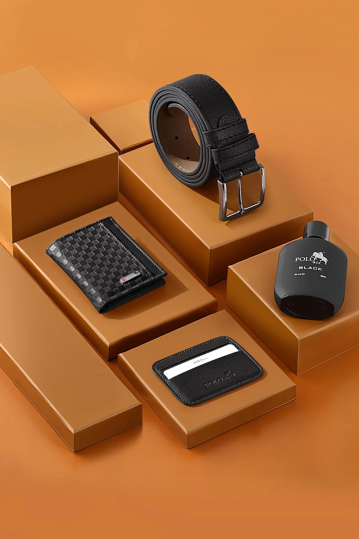 Erkek Kol Saati Dama Desen Cüzdan Kemer Kartlık Parfüm Kombin Set Siyah Renk Pl-0992E1 Siyah Pl-0992E1