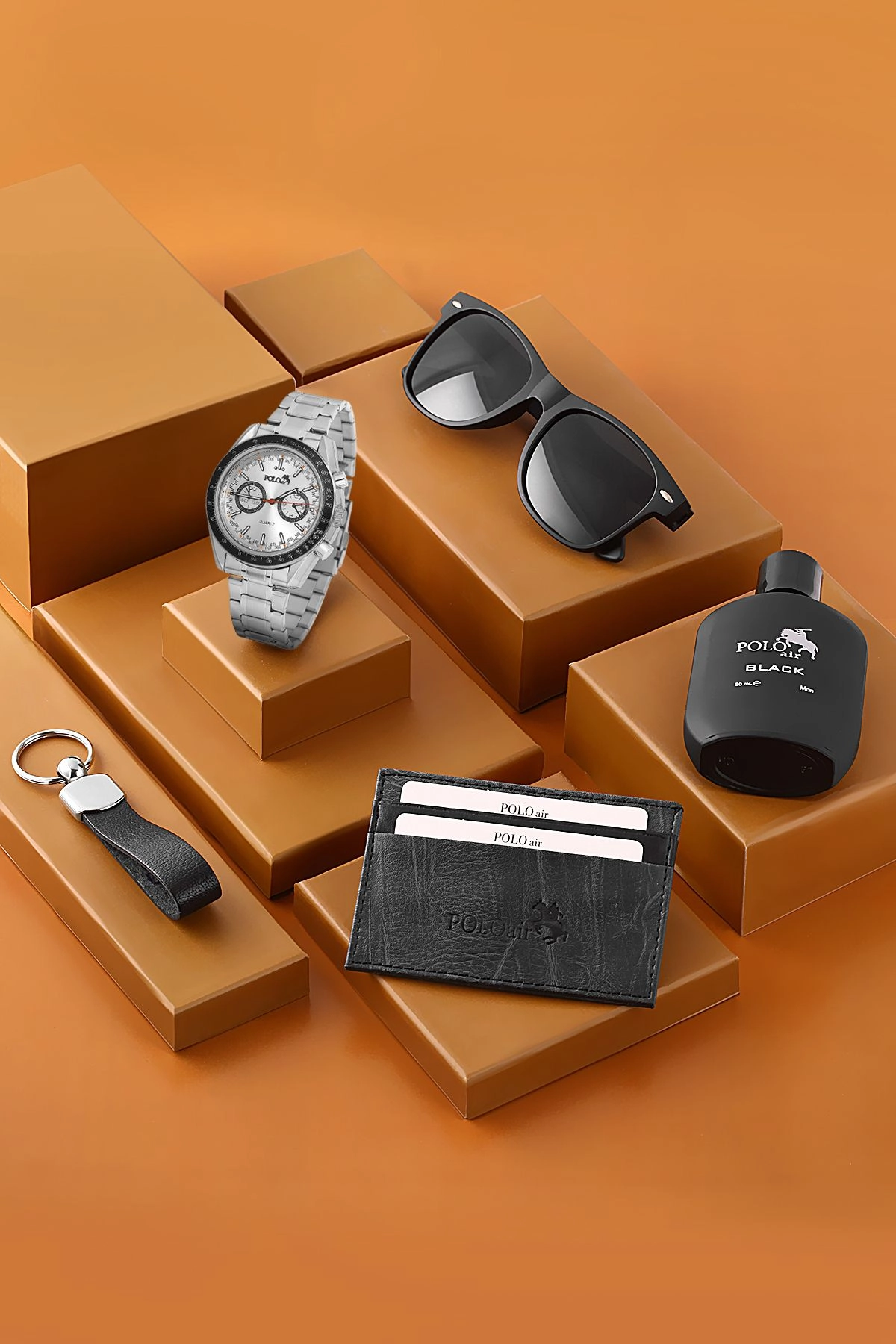 Erkek Kol Saati Gözlük Parfüm Kartlık Anahtarlık Kombin Gümüş Renk Pl-7009E2 Gümüş Pl-7009E2