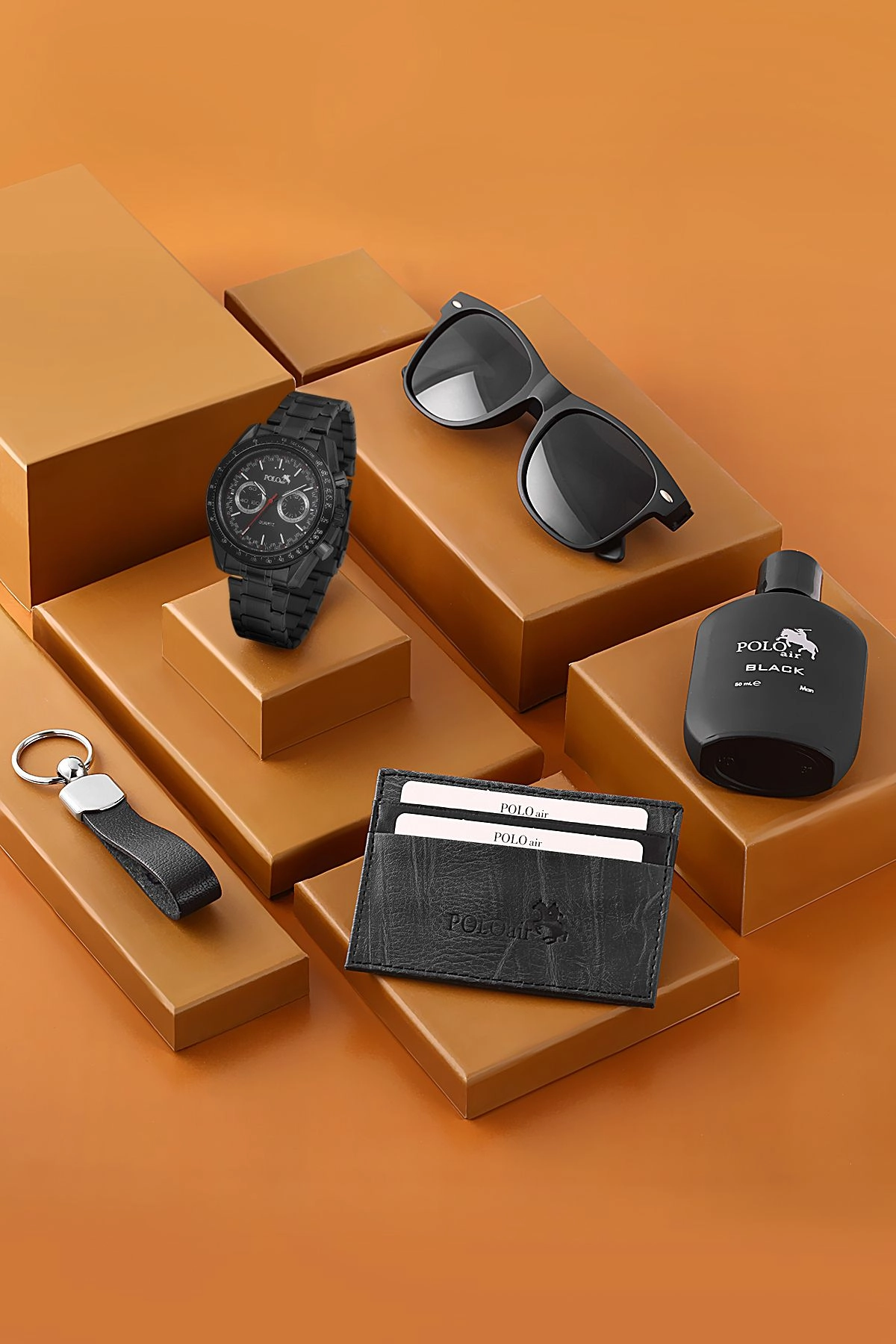 Erkek Kol Saati Gözlük Parfüm Kartlık Anahtarlık Kombin Siyah Renk Pl-7009E1 Siyah Pl-7009E1