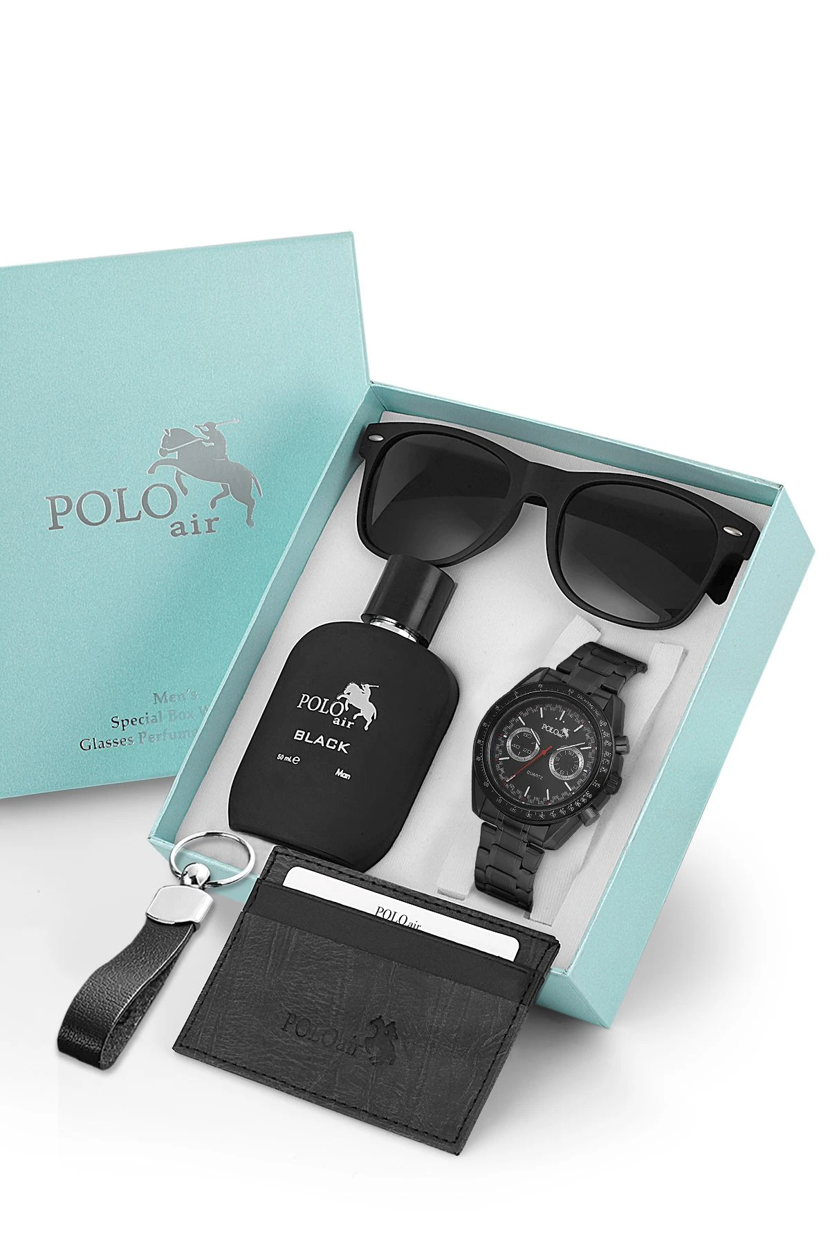 Erkek Kol Saati Gözlük Parfüm Kartlık Anahtarlık Kombin Siyah Renk Pl-7009E1 Siyah Pl-7009E1