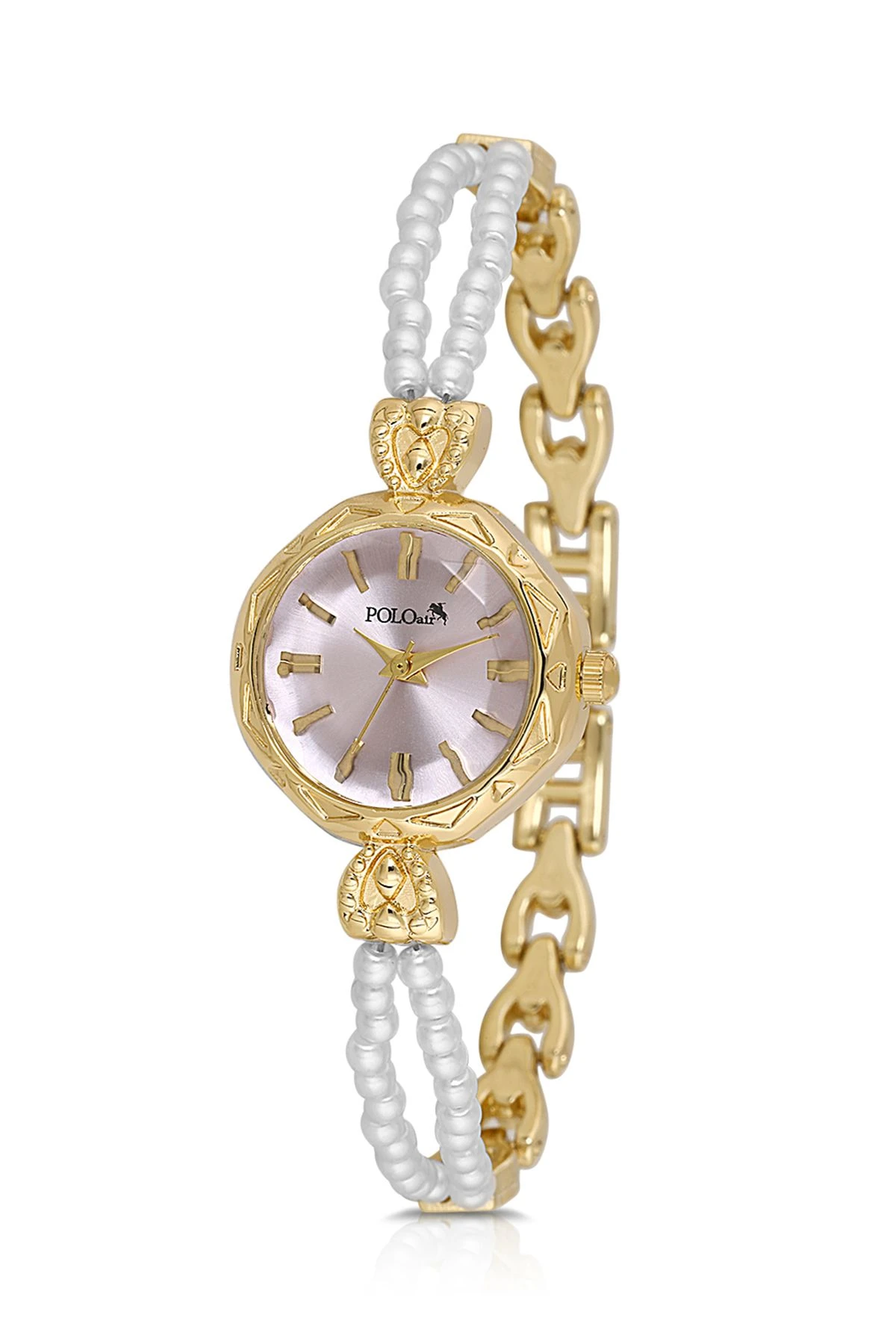 İki Inci Taşlı Görünümlü Kordon Kadın Kol Saati Beyaz Gold Lila Renk Pl-1531B7X Gold-Lila Pl-1531B7X