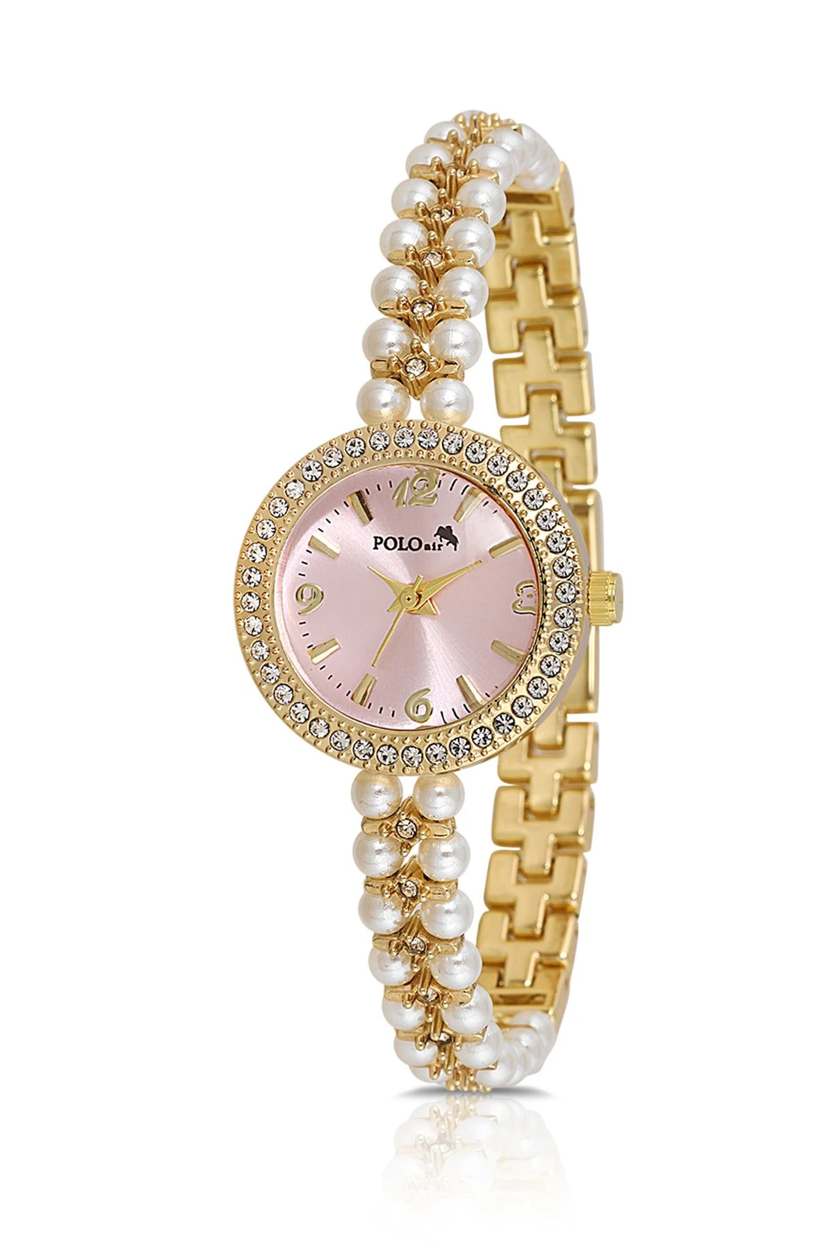 İnci Taşlı Görünümlü Kordon Kadın Kol Saati Beyaz Gold Pembe Renk Pl-1528B6X Gold-Pembe Pl-1528B6X