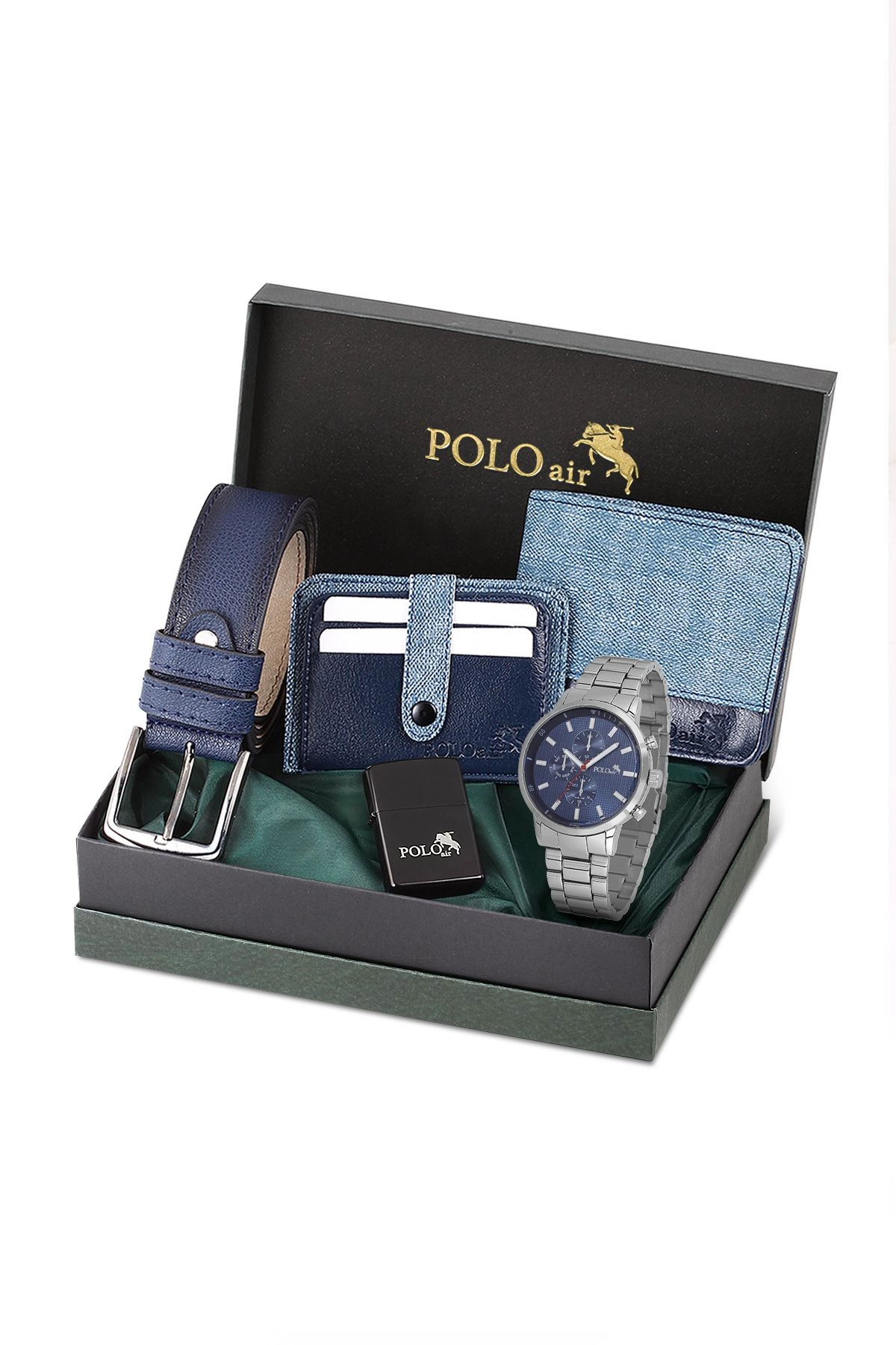 Klasik Erkek Kol Saati Cüzdan Kemer Kartlık Çakmak Set Kombin Gümüş Lacivert Renk Pl-0998E2 Lacivert-Gümüş Pl-0998E2