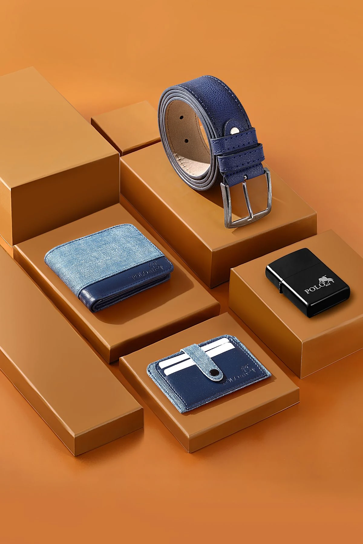 Klasik Erkek Kol Saati Cüzdan Kemer Kartlık Çakmak Set Kombin Gümüş Lacivert Renk Pl-0998E2 Lacivert-Gümüş Pl-0998E2