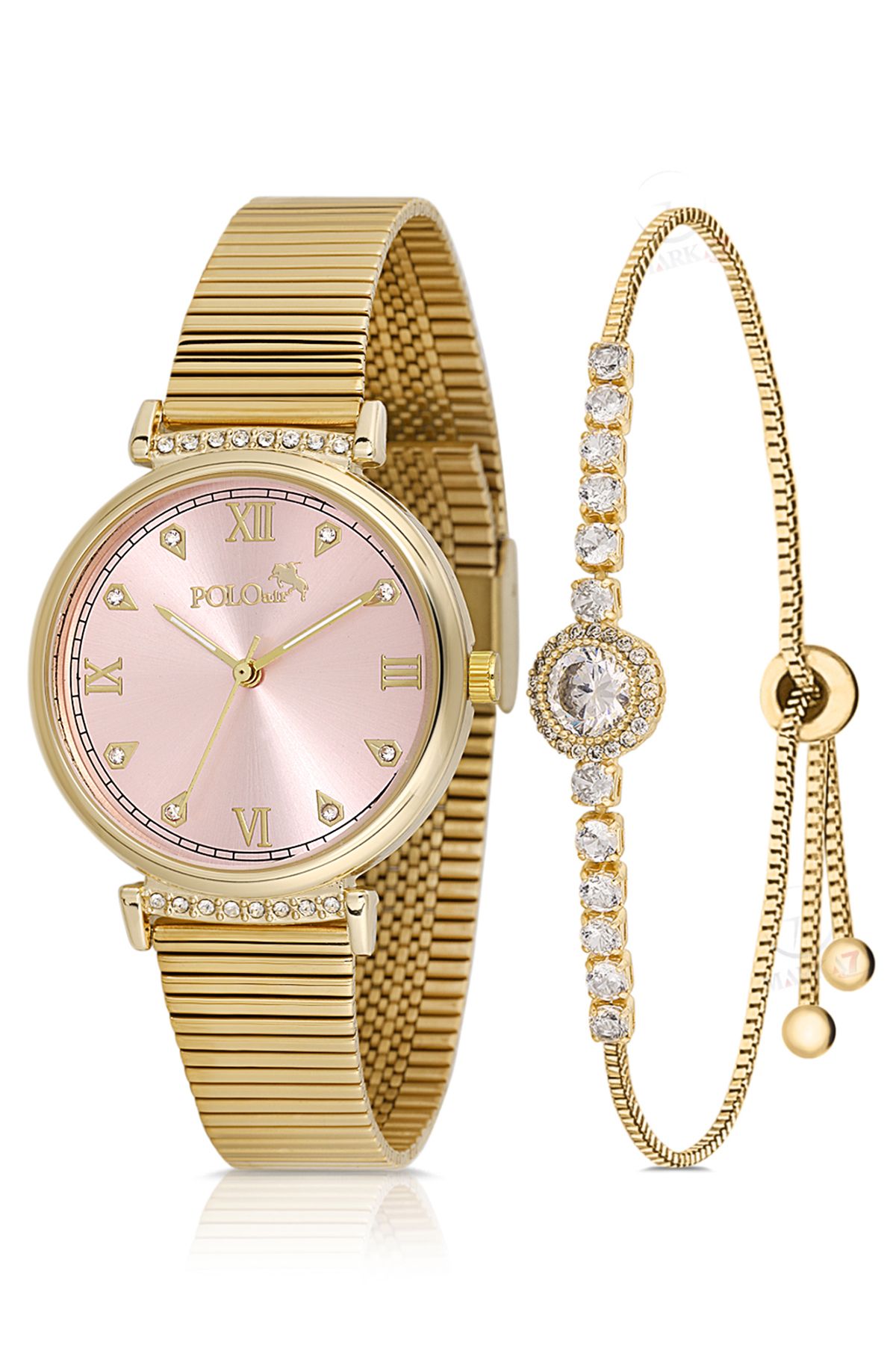 Klasik Kadın Kol Saati Zirkon Taşlı Yuvarlak Bileklik Kombin Gold Pembe Renk Pl-1554B10 Pembe-Gold Pl-1554B10