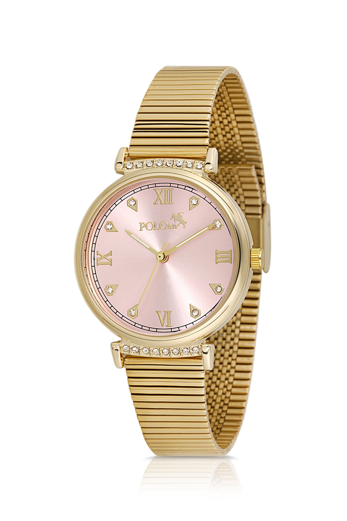 Klasik Kadın Kol Saati Zirkon Taşlı Yuvarlak Bileklik Kombin Gold Pembe Renk Pl-1554B10 Pembe-Gold Pl-1554B10