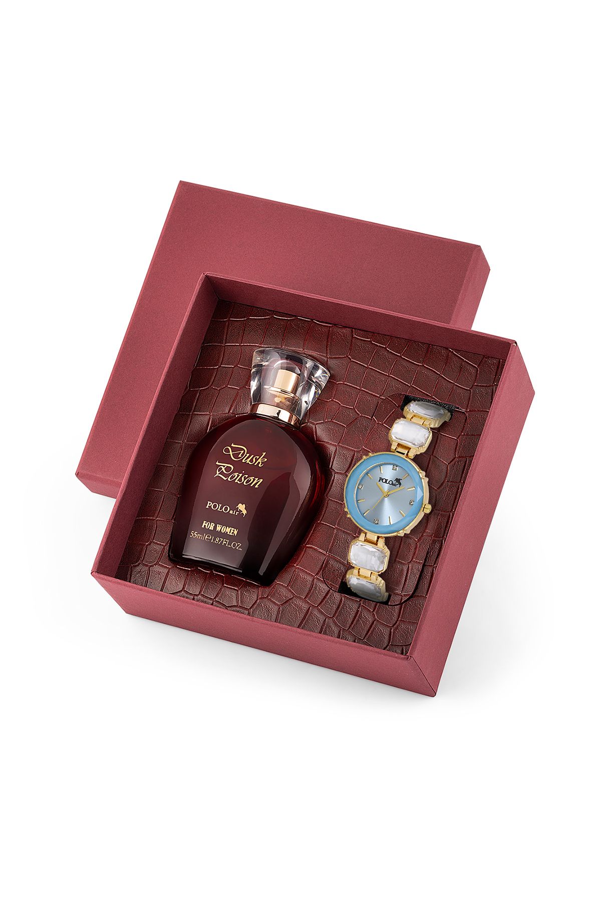 Lüx Taşlı Kadın Kol Saati Parfüm Bordo Hediyelik Kutsunda Set Mavi Gold Renk St-2173S4 Mavi-Gold St-2173S4
