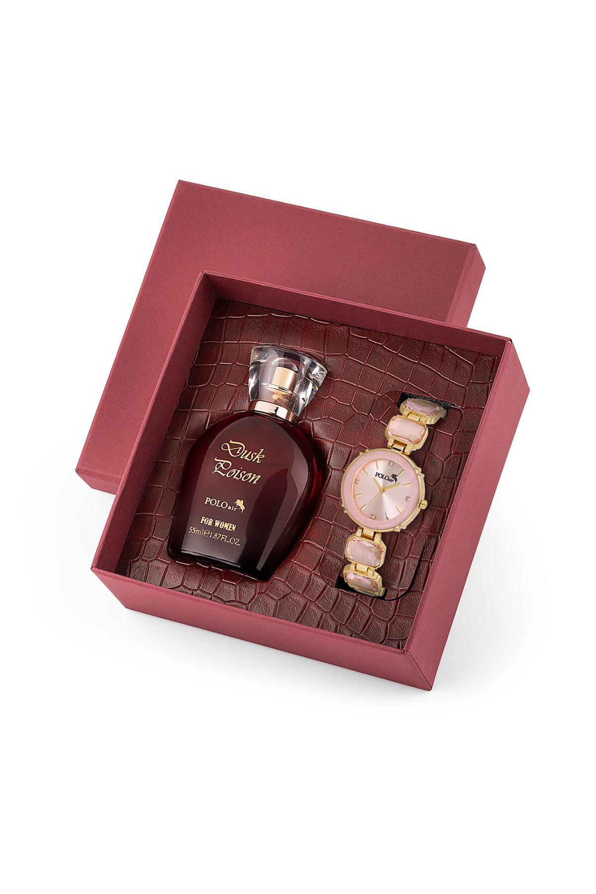 Lüx Taşlı Kadın Kol Saati Parfüm Bordo Hediyelik Kutsunda Set Pembe Gold Renk St-2173S3 Pembe-Gold St-2173S3