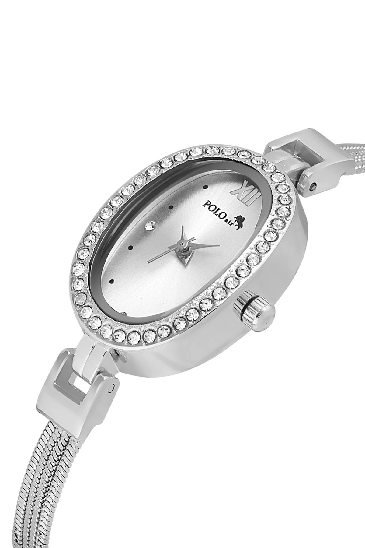 Lüx Taşlı Oval Kasa Hasır Metal Kordon Kadın Kol Saati Gümüş Renk Pl-1546B2X Gümüş Pl-1546B2X