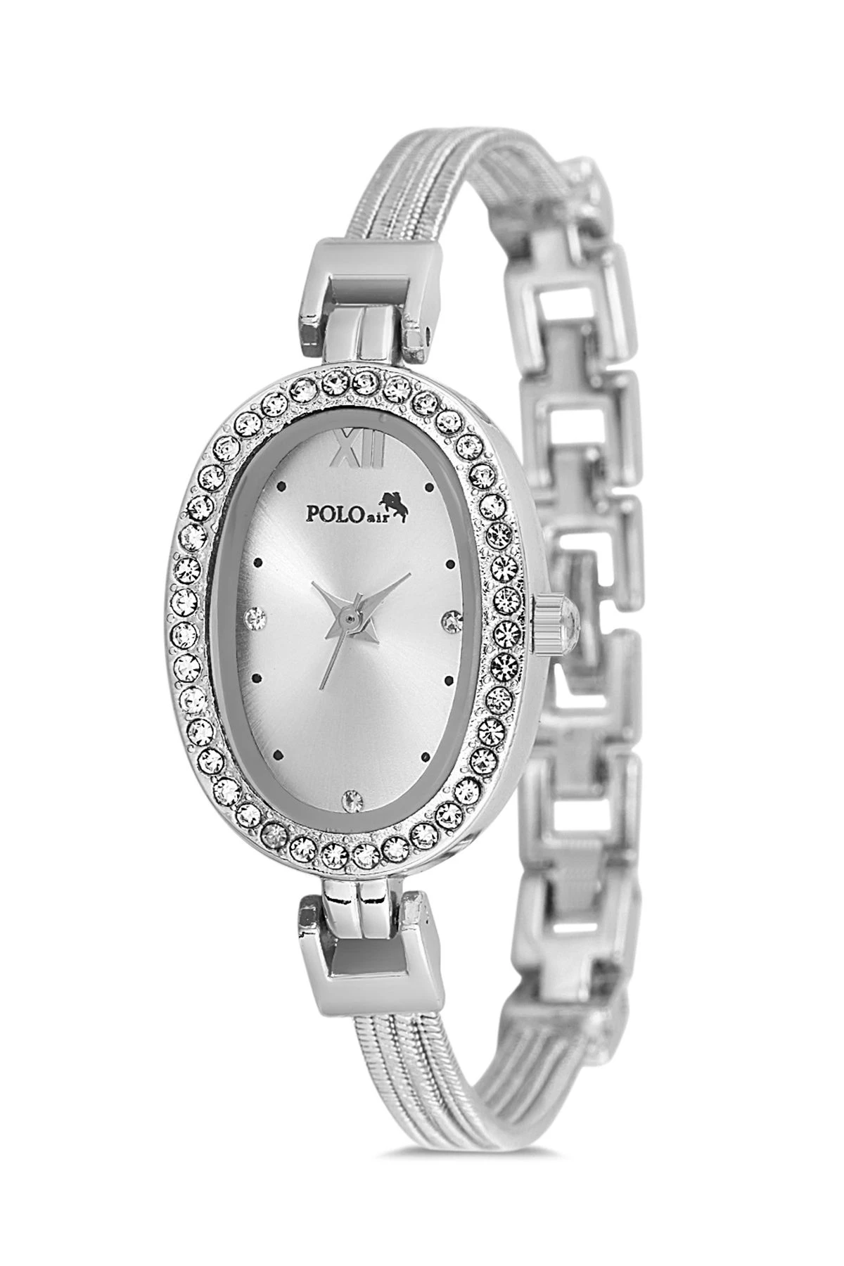 Lüx Taşlı Oval Kasa Hasır Metal Kordon Kadın Kol Saati Gümüş Renk Pl-1546B2X Gümüş Pl-1546B2X
