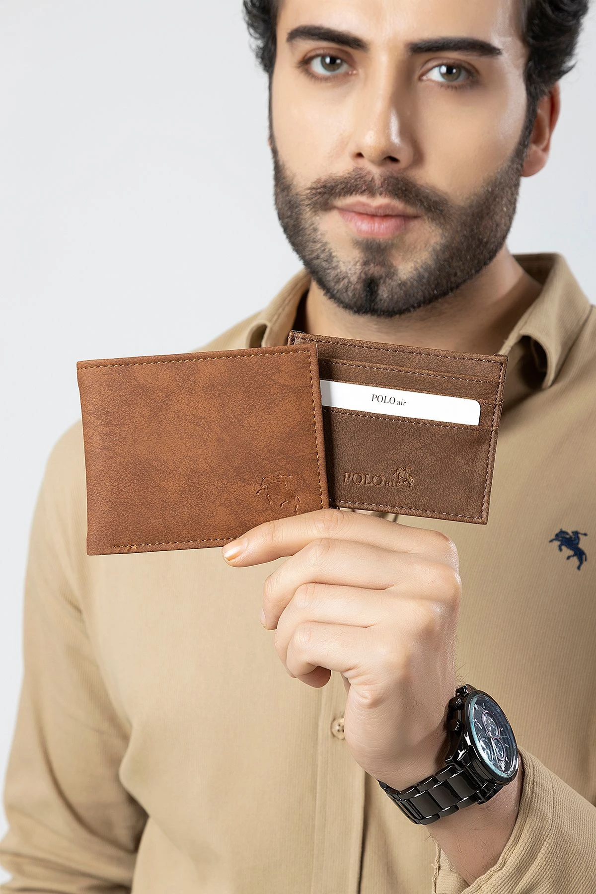 Mercek Takvimli Erkek Kol Saati Cüzdan Kemer Kartlık Çakmak Kombin Taba Renk Pl-0987E5 Gold-Siyah-Taba Pl-0987E5