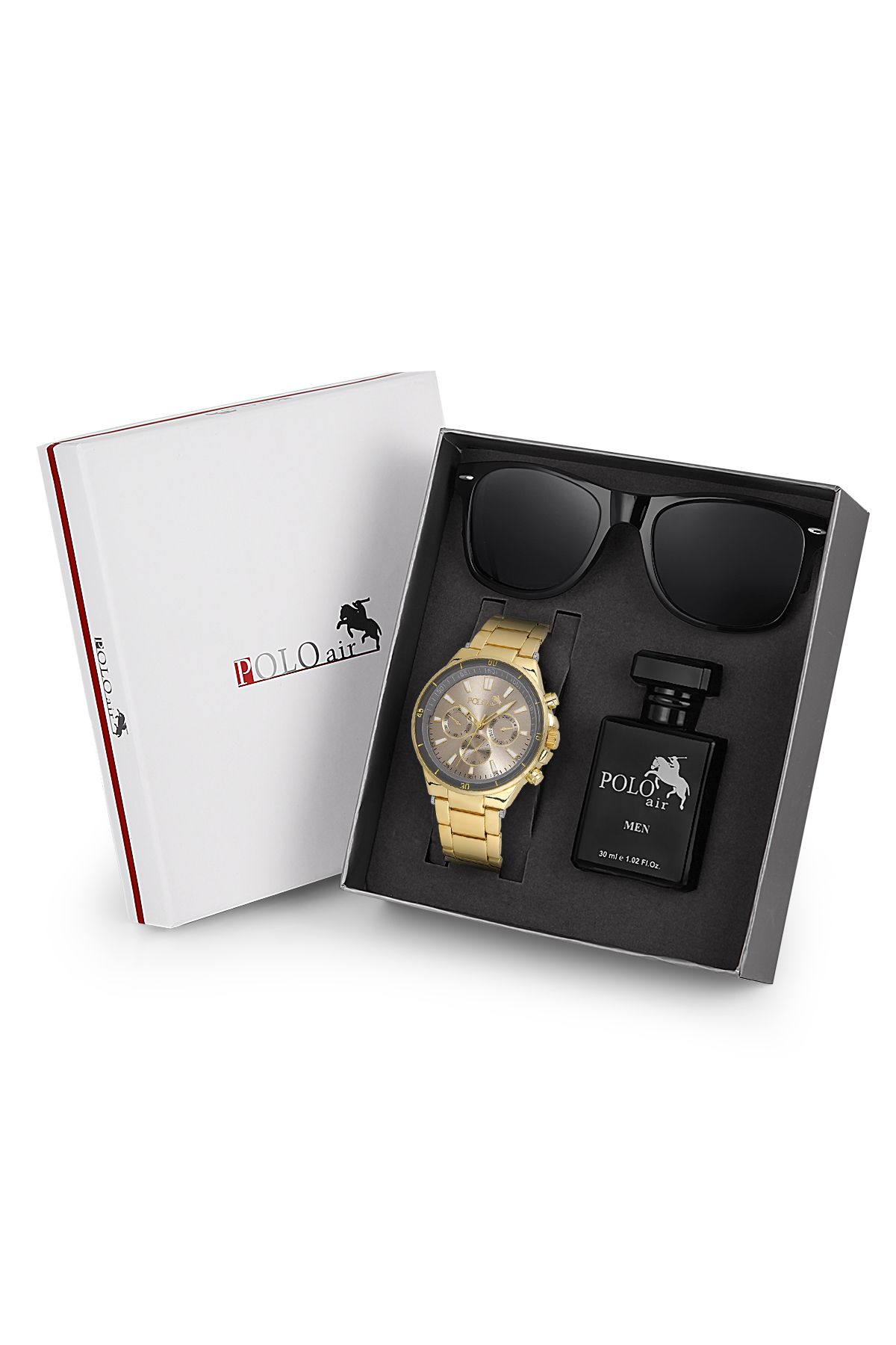 Premium Set Kombin Erkek Kol Saati Parfüm Gözlük Set Gold Renk Pl-7013E6 Gold Pl-7013E6