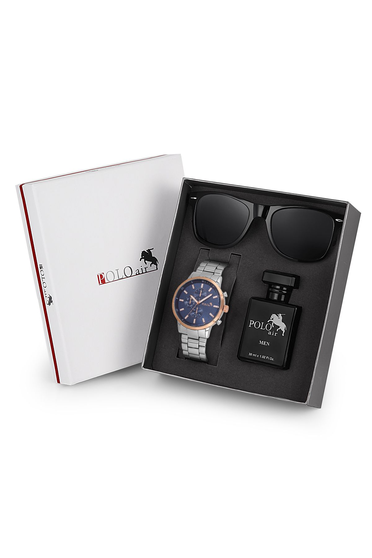 Premium Set Kombin Erkek Kol Saati Parfüm Gözlük Set Gümüş Lacivert Bakır Renk Pl-7020E5 Lacivert-Gümüş-Bakır Pl-7020E5