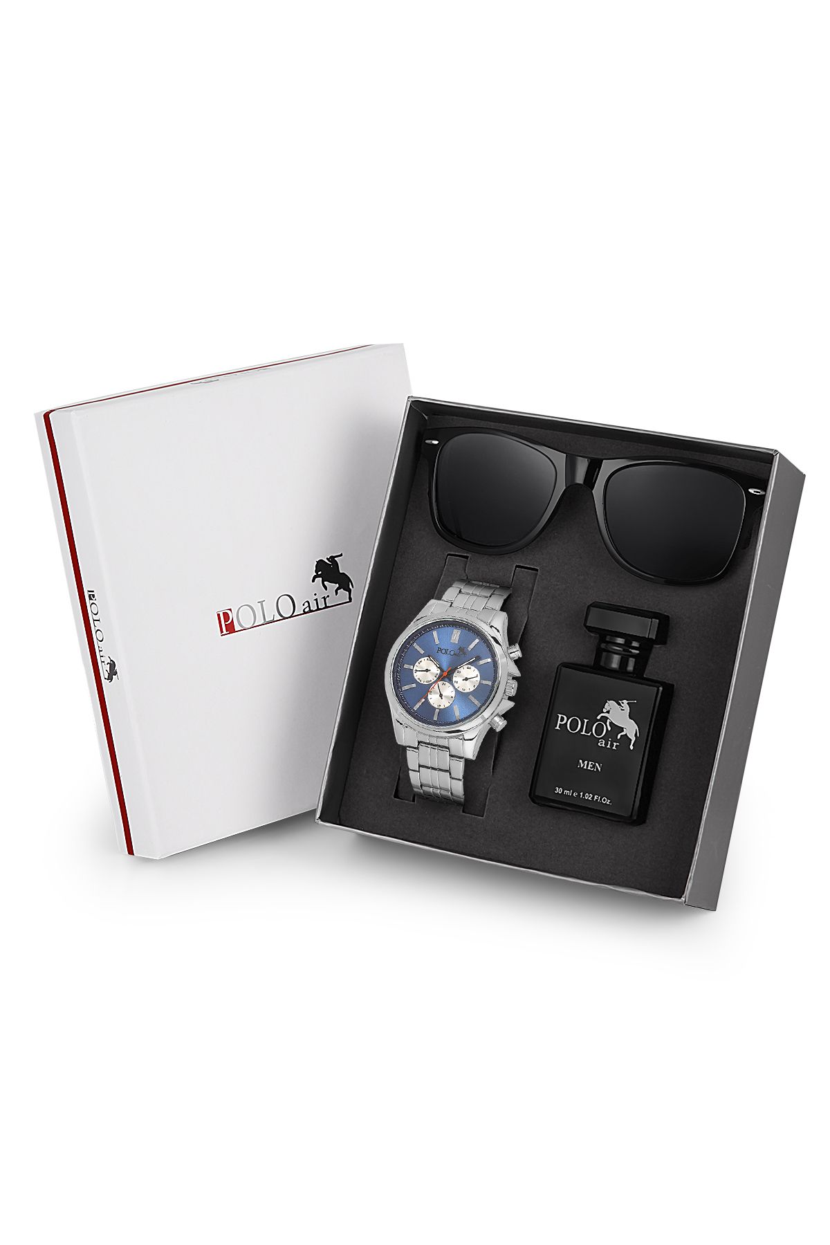 Premium Set Kombin Erkek Kol Saati Parfüm Gözlük Set Gümüş Lacivert Renk Pl-7018E2 Lacivert-Gümüş Pl-7018E2