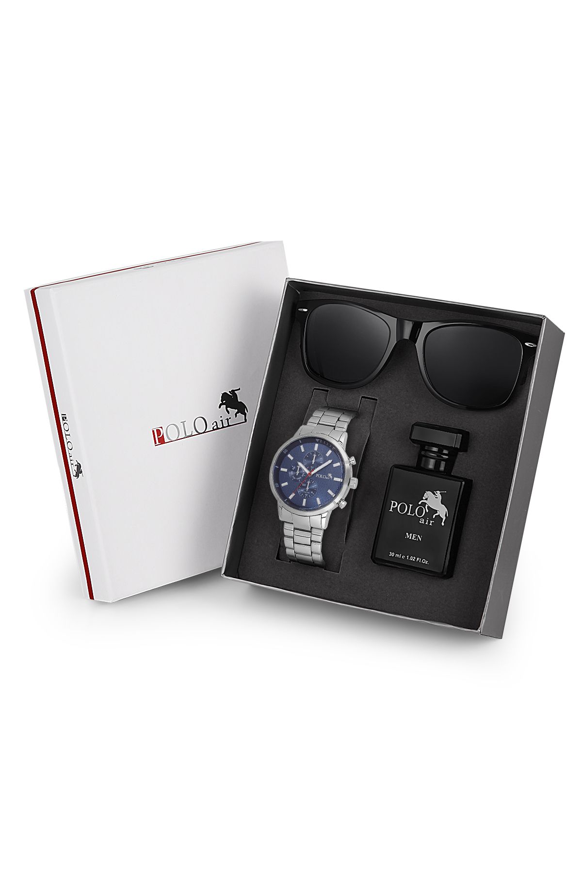Premium Set Kombin Erkek Kol Saati Parfüm Gözlük Set Gümüş Lacivert Renk Pl-7020E2 Lacivert-Gümüş Pl-7020E2