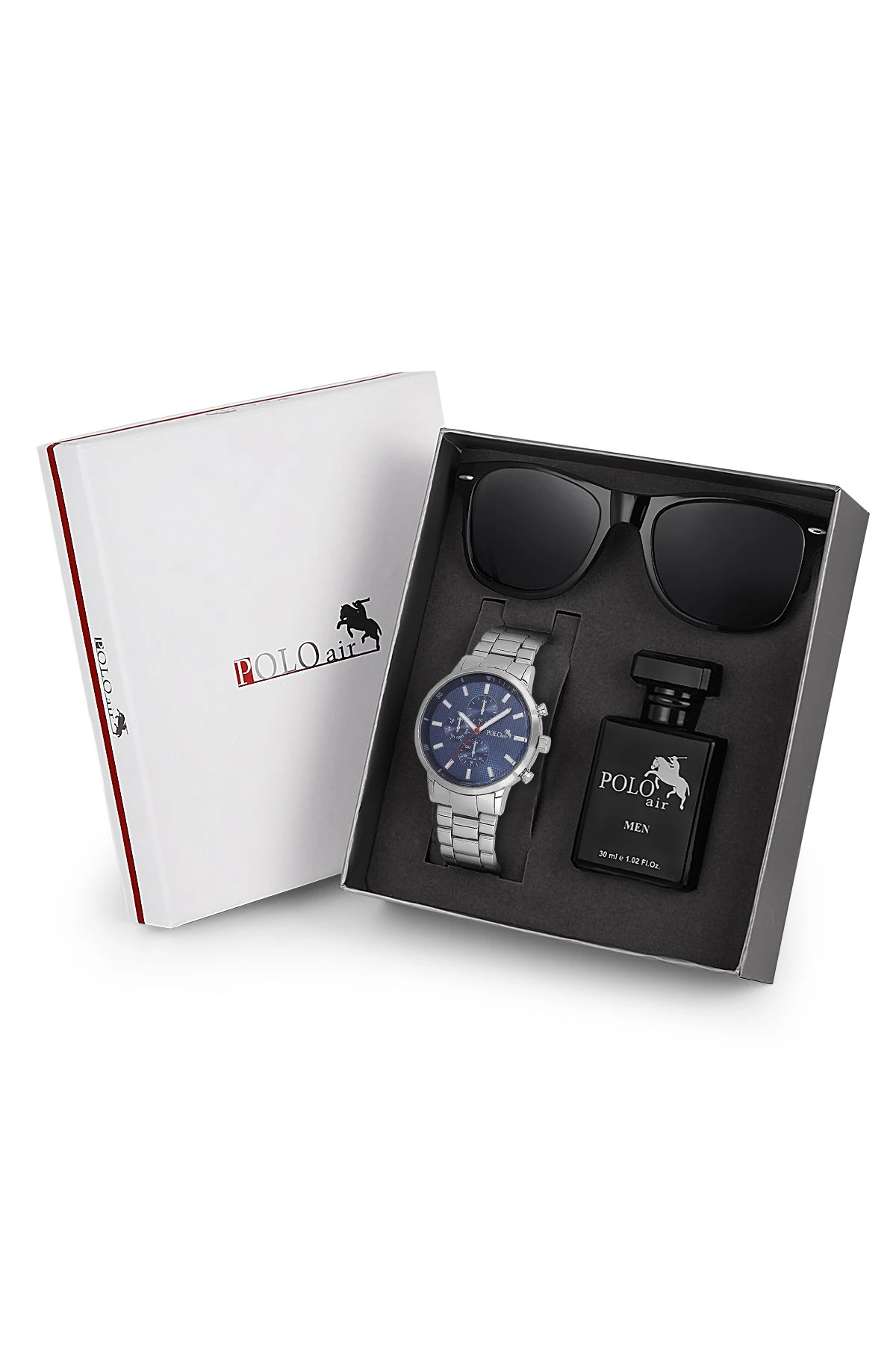 Premium Set Kombin Erkek Kol Saati Parfüm Gözlük Set Gümüş Lacivert Renk Pl-7020E2 Lacivert-Gümüş Pl-7020E2