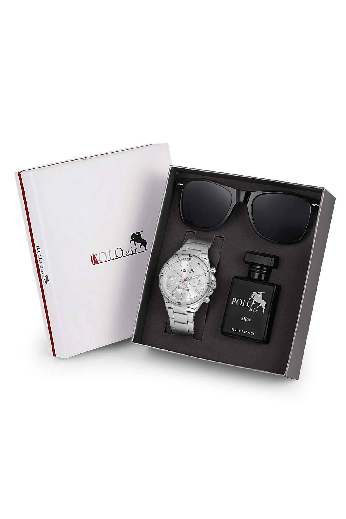 Premium Set Kombin Erkek Kol Saati Parfüm Gözlük Set Gümüş Renk Pl-7013E4 Gümüş Pl-7013E4