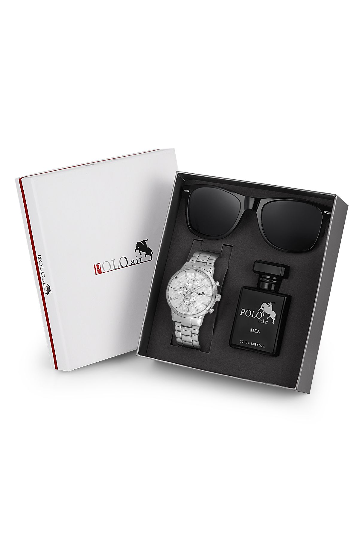 Premium Set Kombin Erkek Kol Saati Parfüm Gözlük Set Gümüş Renk Pl-7020E4 Gümüş Pl-7020E4