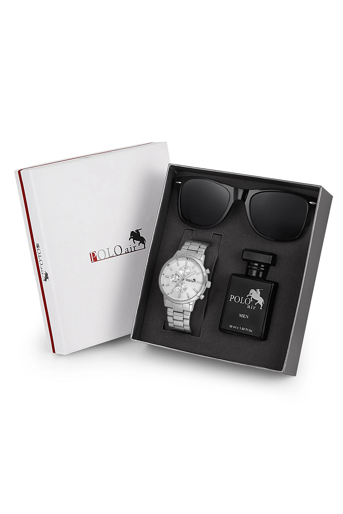 Premium Set Kombin Erkek Kol Saati Parfüm Gözlük Set Gümüş Renk Pl-7020E4 Gümüş Pl-7020E4