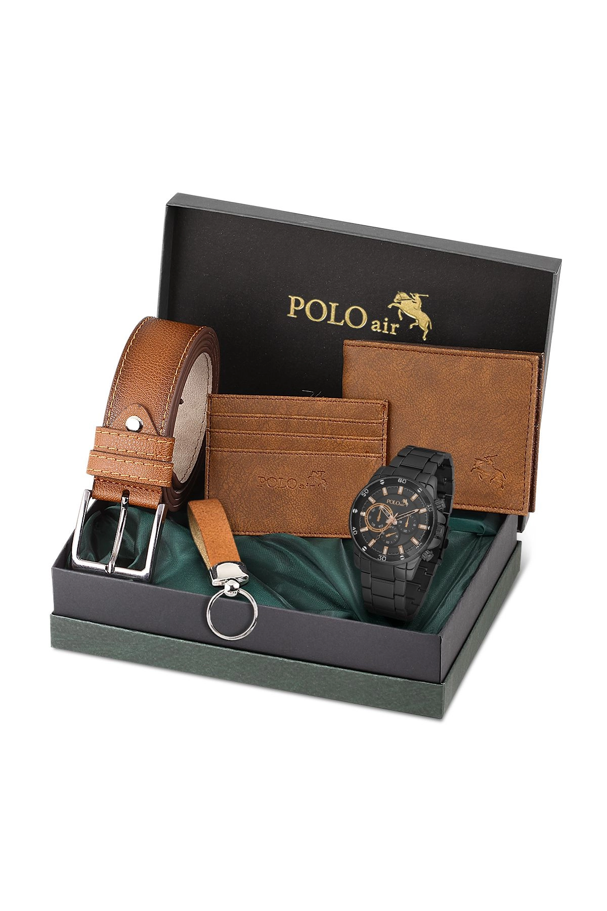 Spor Kasa Erkek Kol Saati Cüzdan Kemer Kartlık Anahtarlık Set Kombin Siyah Taba Renk Pl-0995E6 Taba-Siyah Pl-0995E6