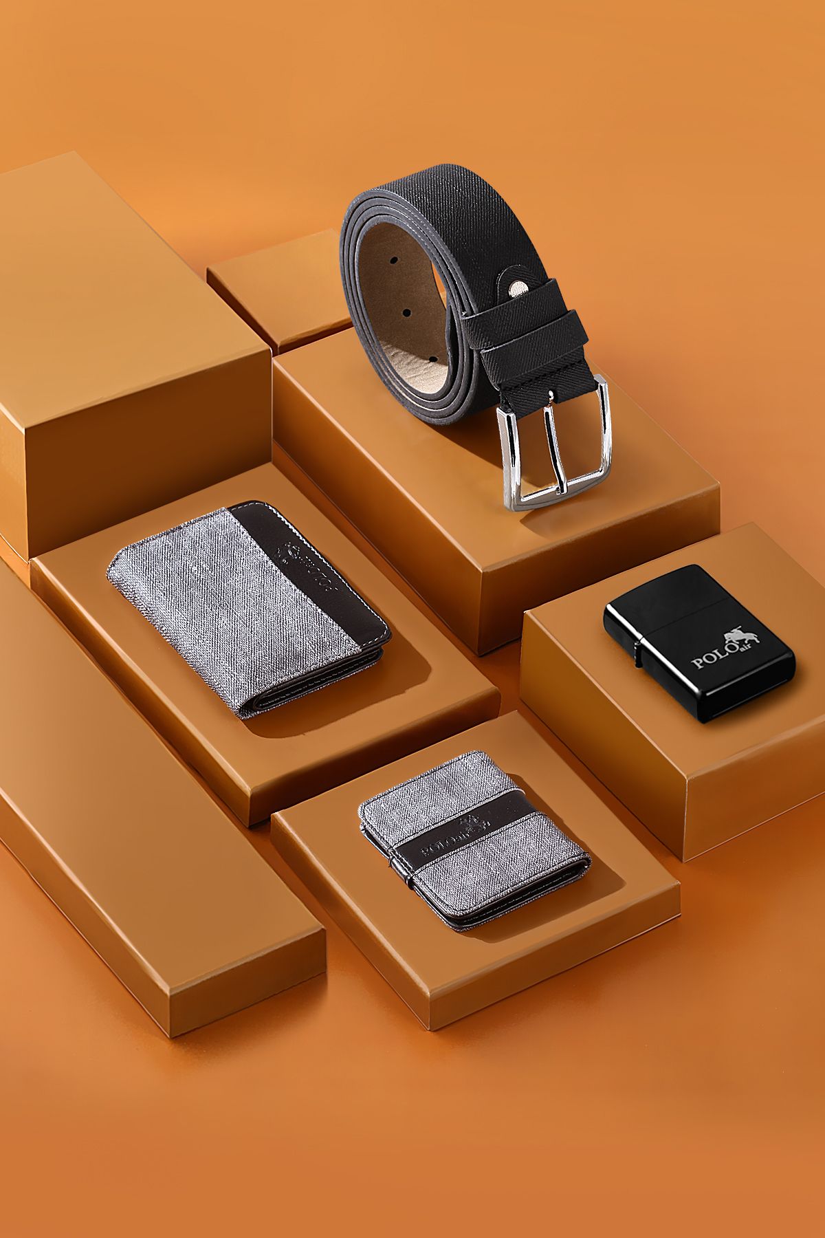 Spor Kasa Erkek Kol Saati Cüzdan Kemer Kartlık Çakmak Kombin Set Gri Gümüş Renk Pl-0991E2 Gri-Gümüş Pl-0991E2