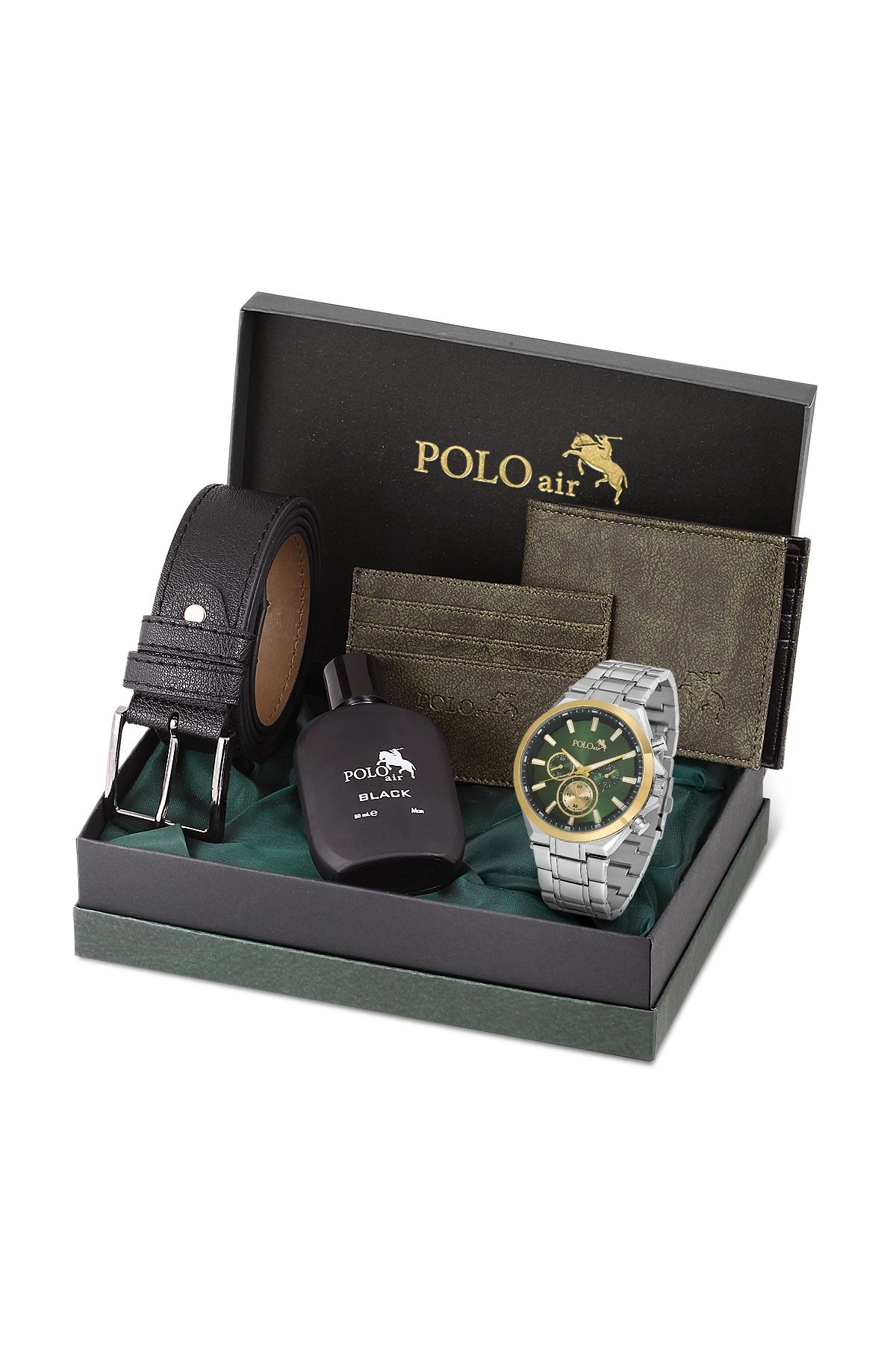 Spor Kasa Erkek Kol Saati Cüzdan Kemer Kartlık Parfüm Set Kombin Yeşil Gold Gümüş Renk Pl-0996E5 Yeşil-Gold-Gümüş Pl-0996E5