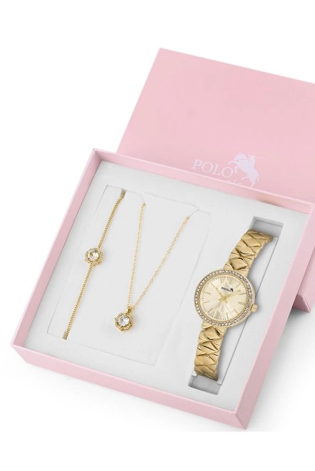 Baklava Desen Kadın Kol Saati Zirkon Taşlı Yuvarlak Kolye Bileklik Kombin Gold Renk St-2161S1 Gold St-2161S1