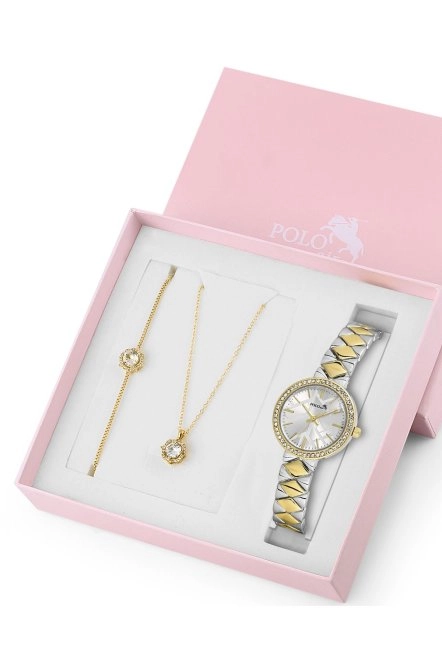 Baklava Desen Kadın Kol Saati Zirkon Taşlı Yuvarlak Kolye Bileklik Kombin Gümüş Gold Renk St-2161S3 Gold-Gümüş St-2161S3