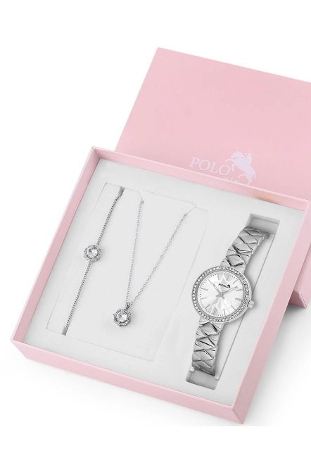 Baklava Desen Kadın Kol Saati Zirkon Taşlı Yuvarlak Kolye Bileklik Kombin Gümüş Renk St-2161S2 Gümüş St-2161S2