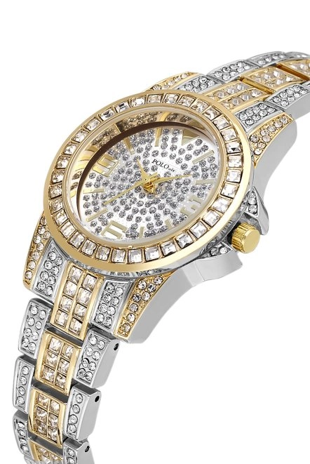 Çift Klips Lüx Taşlı Kadın Kol Saati Gümüş Gold Renk Pl-1551B3X Gold-Gümüş Pl-1551B3X