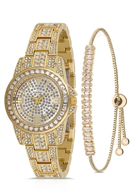 Çift Klips Lüx Taşlı Kadın Kol Saati Zirkon Taşlı Baget Bileklik Kombin Gold Renk Pl-1551B1 Gold Pl-1551B1