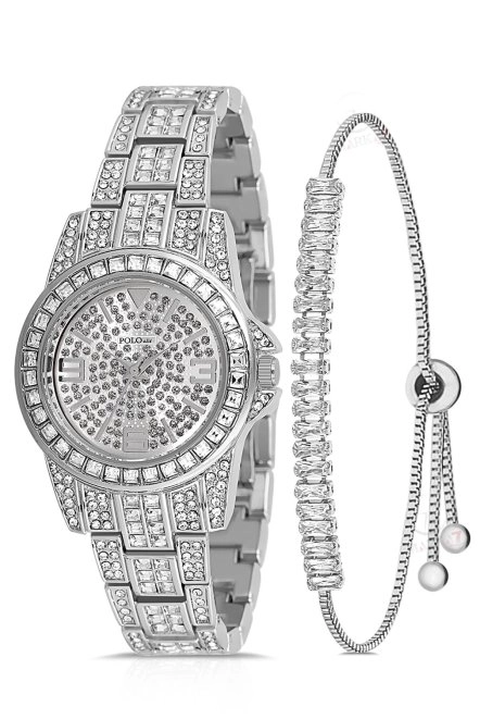 Çift Klips Lüx Taşlı Kadın Kol Saati Zirkon Taşlı Baget Bileklik Kombin Gümüş Renk Pl-1551B2 Gümüş Pl-1551B2