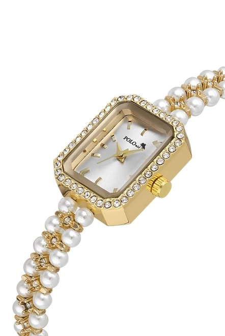 Dikdörtgen Kasa Inci Taşlı Görünümlü Kordon Kadın Kol Saati Beyaz Gold Renk Pl-1529B1X Gold Pl-1529B1X