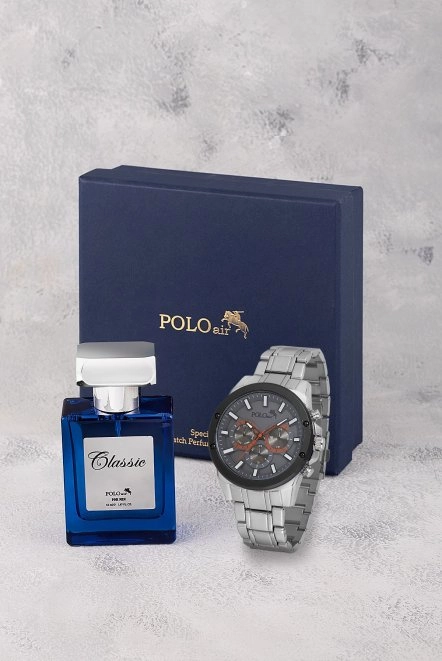 Erkek Kol Saati 55Ml Parfüm Hediyelik Kutusunda Kombin Gümüş Gri Renk Pl-7010E3 Gri-Gümüş Pl-7010E3