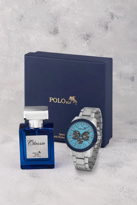 Erkek Kol Saati 55Ml Parfüm Hediyelik Kutusunda Kombin Gümüş Mavi Renk Pl-7010E2 Mavi-Gümüş Pl-7010E2