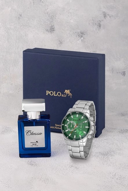 Erkek Kol Saati 55Ml Parfüm Hediyelik Kutusunda Kombin Gümüş Yeşil Renk Pl-7016E4 Yeşil-Gümüş Pl-7016E4