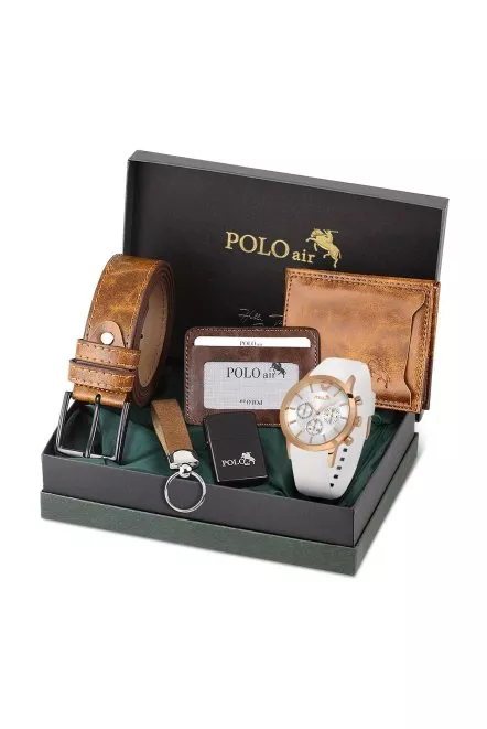 Erkek Kol Saati Cüzdan Kemer Kartlık Anahtarlık Çakmak Kombin Taba Beyaz Renk Pl-0984E5 Beyaz-Taba Pl-0984E5