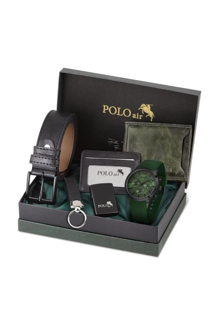 Erkek Kol Saati Cüzdan Kemer Kartlık Anahtarlık Çakmak Kombin Yeşil Siyah Renk Pl-0984E3 Koyu Yeşil-Siyah Pl-0984E3