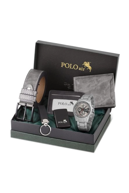 Erkek Kol Saati Cüzdan Kemer Kartlık Çakmak Anahtarlık Kombin Set Gri Antrasit Renk Pl-0993E6 Metalik-Gri Pl-0993E6