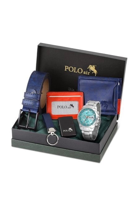 Erkek Kol Saati Cüzdan Kemer Kartlık Çakmak Anahtarlık Kombin Set Gümüş Turkuaz Renk Pl-0993E5 Turkuaz-Gümüş Pl-0993E5