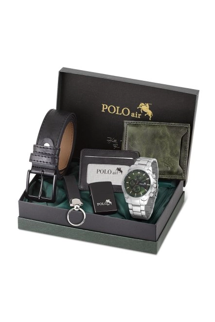 Erkek Kol Saati Cüzdan Kemer Kartlık Çakmak Anahtarlık Kombin Set Gümüş Yeşil Renk Pl-0993E4 Yeşil-Gümüş Pl-0993E4
