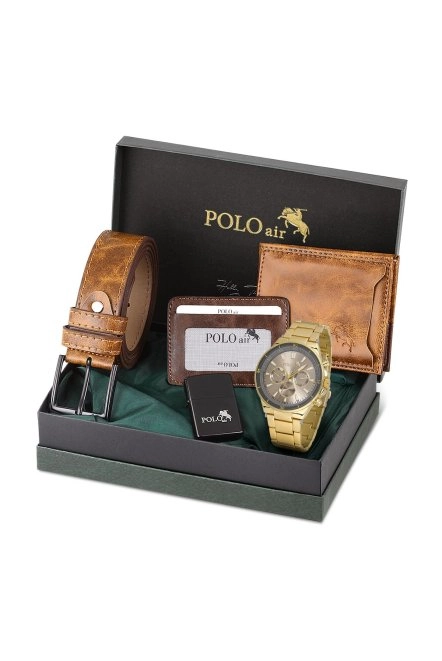 Erkek Kol Saati Cüzdan Kemer Kartlık Çakmak Set Kombin Taba Gold Renk Pl-0994E6 Gold-Taba Pl-0994E6