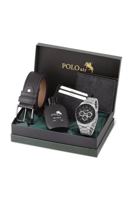 Erkek Kol Saati Cüzdan Kemer Kartlık Parfüm Kombin Set Gümüş Siyah Renk Pl-0990E3 Siyah-Gümüş Pl-0990E3