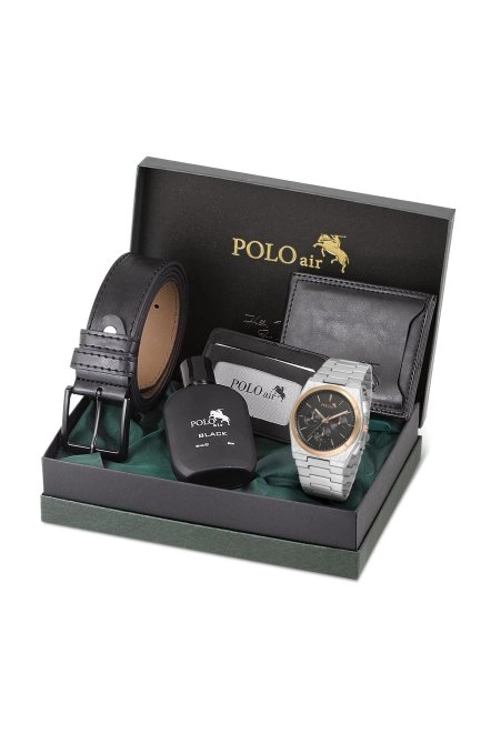 Erkek Kol Saati Cüzdan Kemer Kartlık Parfüm Set Kombin Gümüş Siyah Bakır Renk Pl-0999E6 Siyah-Gümüş-Bakır Pl-0999E6