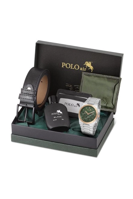Erkek Kol Saati Cüzdan Kemer Kartlık Parfüm Set Kombin Gümüş Yeşil Renk Pl-0999E5 Gümüş-Yeşil-Bakır Pl-0999E5