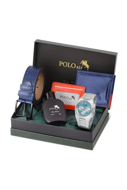 Erkek Kol Saati Cüzdan Kemer Kartlık Parfüm Set Kombin Lacivert Gümüş Renk Pl-0999E2 Lacivert-Gümüş Pl-0999E2