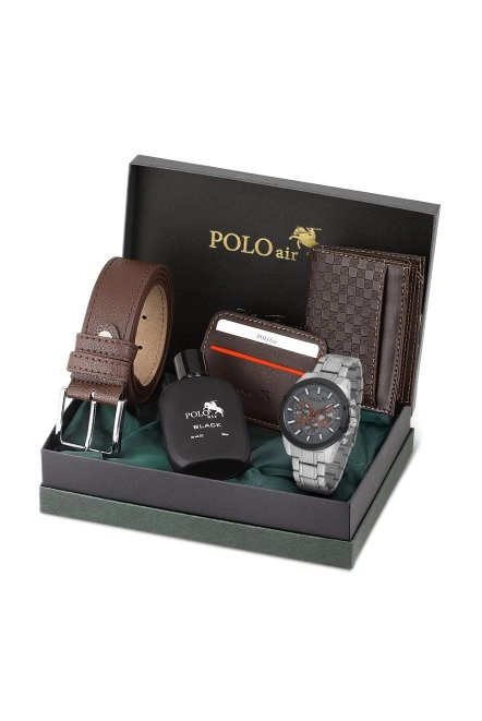 Erkek Kol Saati Dama Desen Cüzdan Kemer Kartlık Parfüm Kombin Set Gümüş Kahverengi Renk Pl-0992E3 Kahverengi-Gümüş-Gri Pl-0992E3