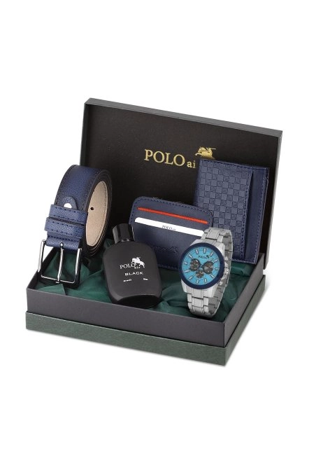 Erkek Kol Saati Dama Desen Cüzdan Kemer Kartlık Parfüm Kombin Set Gümüş Mavi Renk Pl-0992E2 Lacivert-Gümüş Pl-0992E2